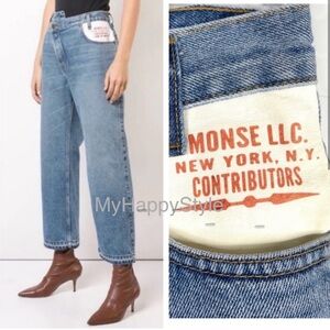 MONSE Straight Leg Asymmetrical Waist Jeans 100% Lamb Leather Trim NEW Size 2